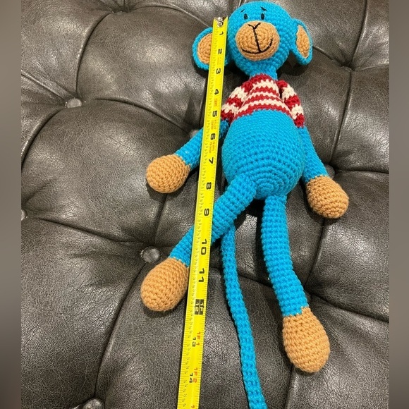 Blue Knit Monkey With Red and White Stripes - Picture 4 of 4